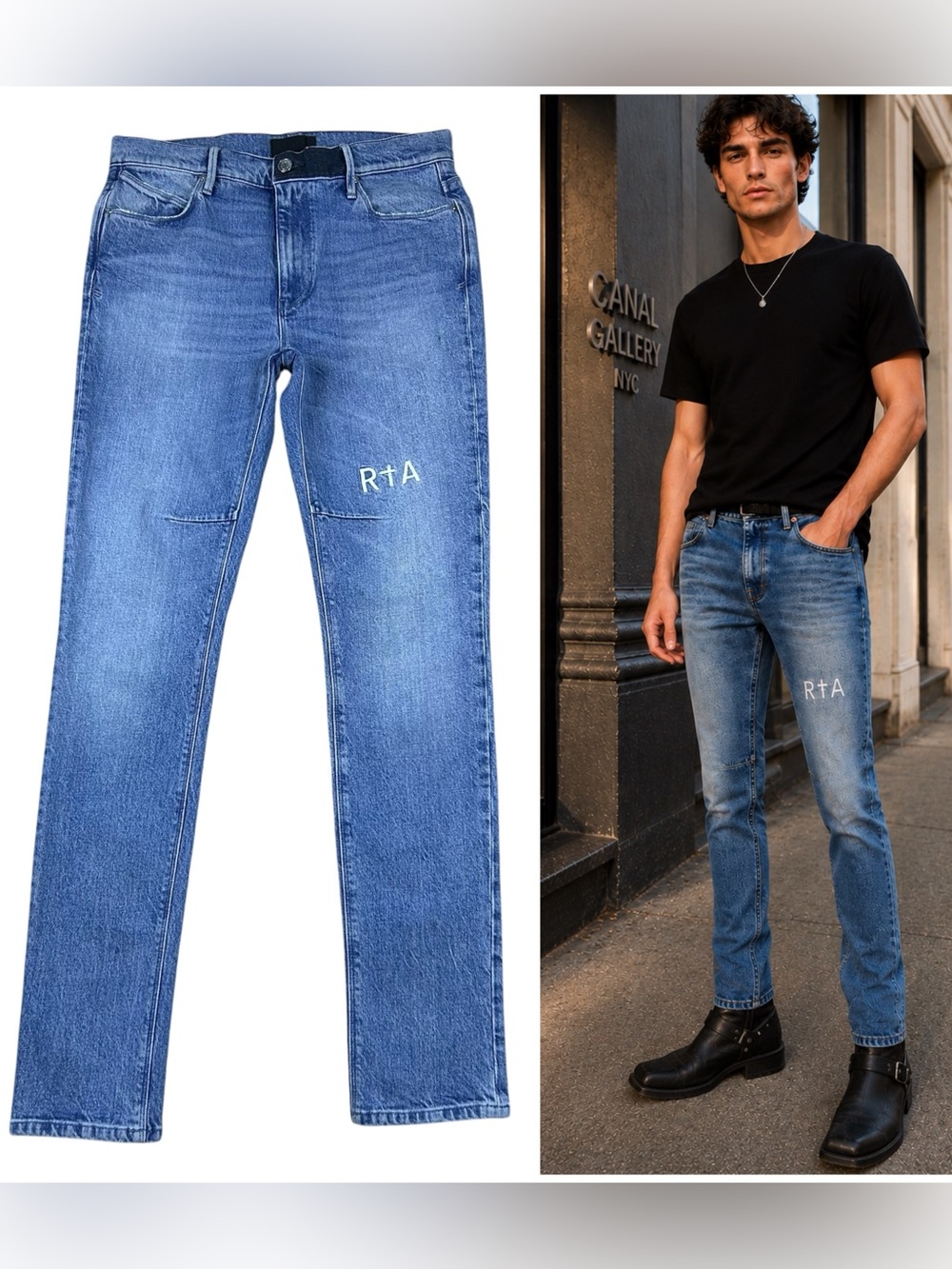 RtA Bryant Skinny Jeans Mens Size 32x32 Blue Logo Knee Stretch Denim Made Italy